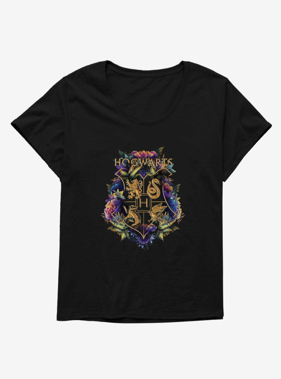 Clothing * | Sale Harry Potter Hogwarts Crest Floral Wreath Womens T-Shirt Plus Size