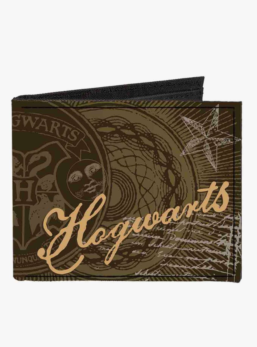 Bags * | Harry Potter Hogwarts Symbols Collage House Badges Browns Canvas Bifold Wallet Sale